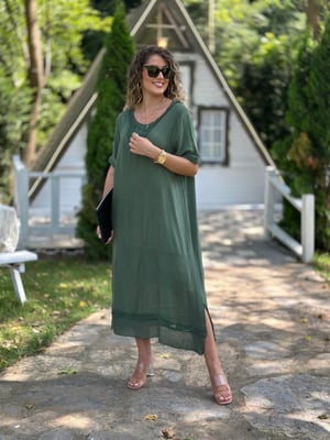 Yaka Güpür Astarlı Haki Pamuk Elbise