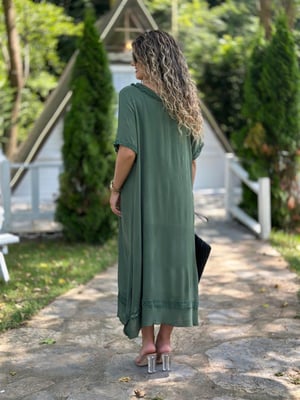 Yaka Güpür Astarlı Haki Pamuk Elbise