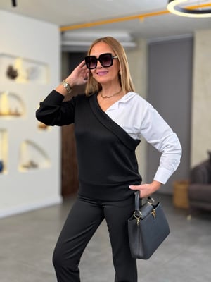Yaka Kol Gömlekli Siyah Tasarım Triko Bluz