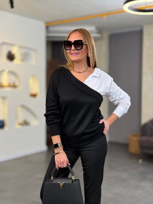 Yaka Kol Gömlekli Siyah Tasarım Triko Bluz