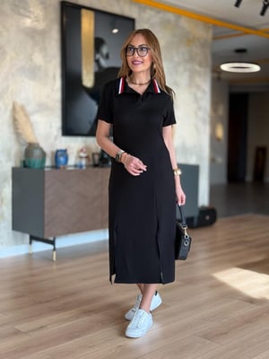 Yaka Ribanalı Çift Yırtmaçlı Siyah Modal Elbise