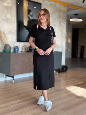 Yaka Ribanalı Çift Yırtmaçlı Siyah Modal Elbise