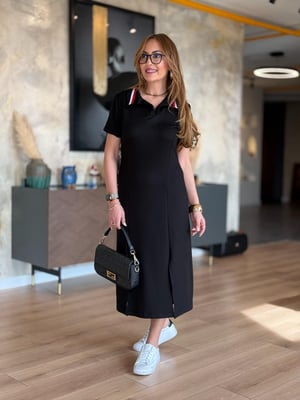 Yaka Ribanalı Çift Yırtmaçlı Siyah Modal Elbise