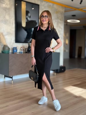 Yaka Ribanalı Çift Yırtmaçlı Siyah Modal Elbise