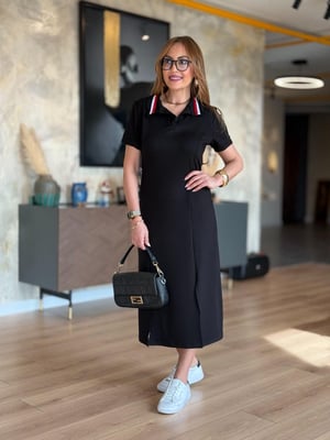 Yaka Ribanalı Çift Yırtmaçlı Siyah Modal Elbise