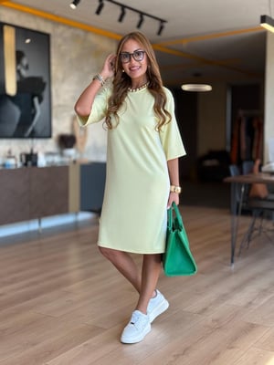 Yan Beyaz Şeritli Modal Sarı Elbise