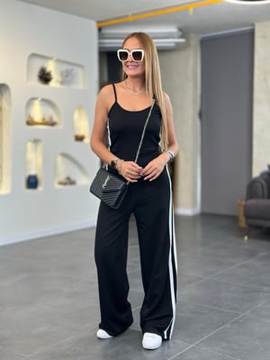Yan Beyaz Şeritli Siyah İp Askılı Tulum
