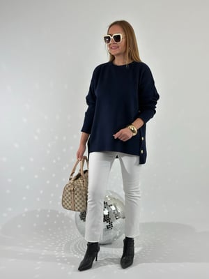 Yan Gold Düğmeli Lacivert Oversize Triko