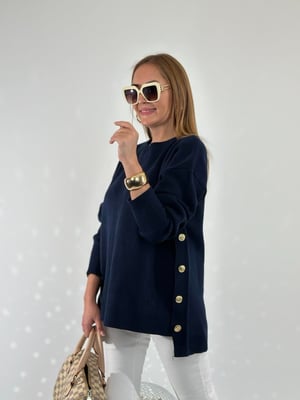 Yan Gold Düğmeli Lacivert Oversize Triko