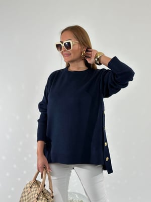 Yan Gold Düğmeli Lacivert Oversize Triko
