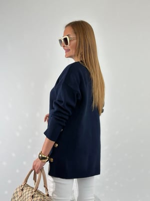 Yan Gold Düğmeli Lacivert Oversize Triko