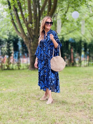 Yarasa Kol Oversize Mavi Desen Elbise