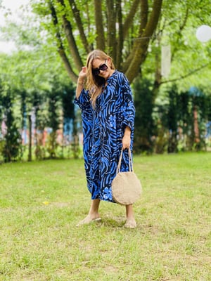 Yarasa Kol Oversize Mavi Desen Elbise