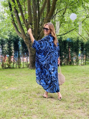 Yarasa Kol Oversize Mavi Desen Elbise