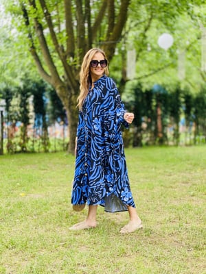 Yarasa Kol Oversize Mavi Desen Elbise