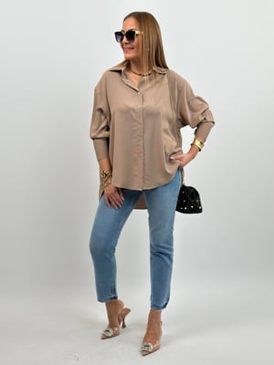 Yarasa Kol Oversize Taba Saten Gömlek