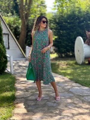 Yeşil Çıtır Desen Halter Yaka Midi Boy Elbise