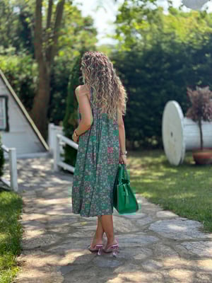 Yeşil Çıtır Desen Halter Yaka Midi Boy Elbise
