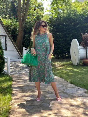 Yeşil Çıtır Desen Halter Yaka Midi Boy Elbise