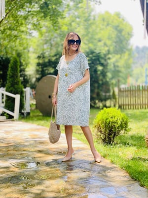Yeşil Desenli Keten Oversize Elbise