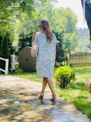 Yeşil Desenli Keten Oversize Elbise