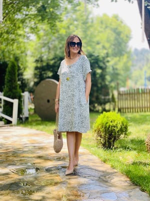 Yeşil Desenli Keten Oversize Elbise