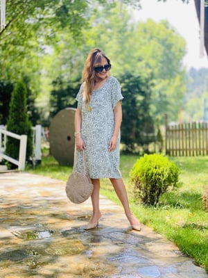 Yeşil Desenli Keten Oversize Elbise