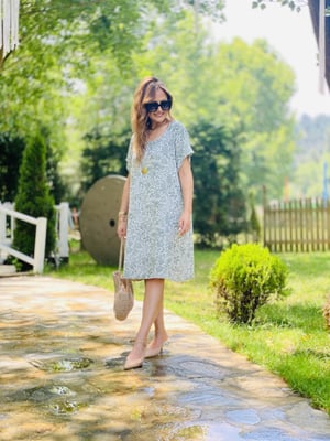 Yeşil Desenli Keten Oversize Elbise