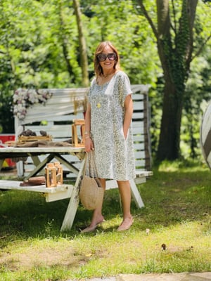 Yeşil Desenli Keten Oversize Elbise