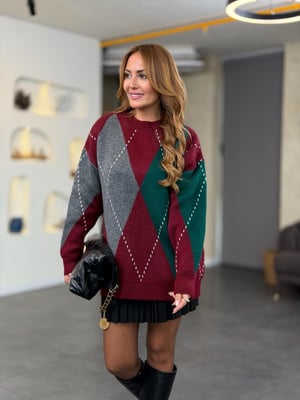 Yeşil Gri Baklava Desen Bordo Kazak