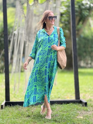 Yeşil Mavi Desenli Oversize Gömlek Elbise