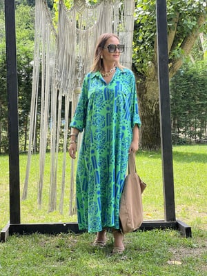 Yeşil Mavi Desenli Oversize Gömlek Elbise