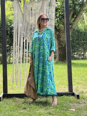 Yeşil Mavi Desenli Oversize Gömlek Elbise