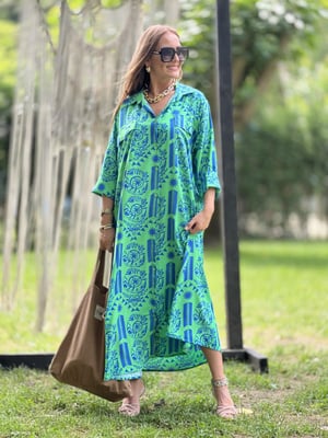 Yeşil Mavi Desenli Oversize Gömlek Elbise