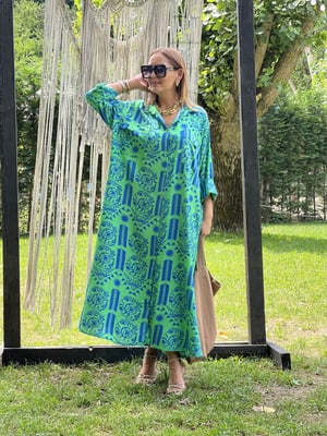 Yeşil Mavi Desenli Oversize Gömlek Elbise