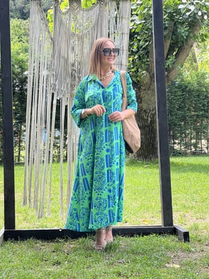 Yeşil Mavi Desenli Oversize Gömlek Elbise