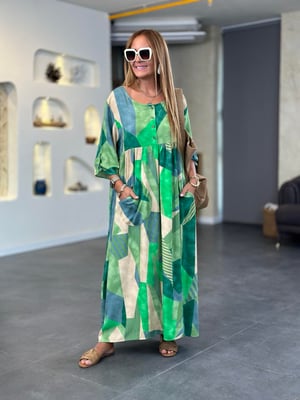 Yeşil Parça Desenli Oversize Elbise