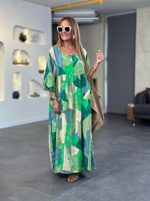 Yeşil Parça Desenli Oversize Elbise