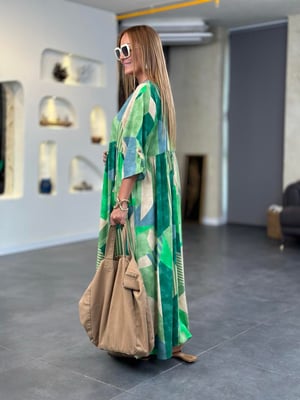 Yeşil Parça Desenli Oversize Elbise