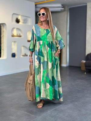 Yeşil Parça Desenli Oversize Elbise