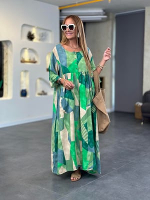 Yeşil Parça Desenli Oversize Elbise