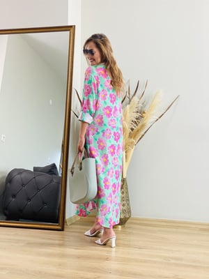 Yeşil Pembe Çiçekli Gömlek Elbise
