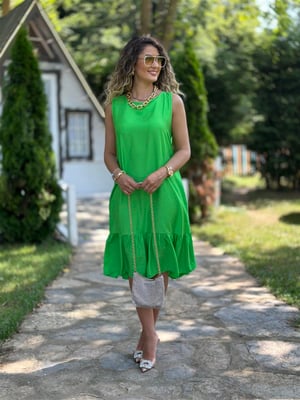 Yeşil Volanlı Kolsuz Elbise