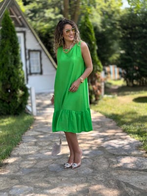 Yeşil Volanlı Kolsuz Elbise