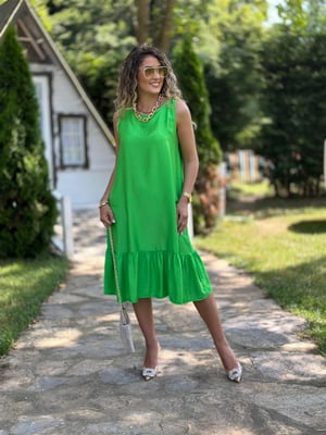 Yeşil Volanlı Kolsuz Elbise