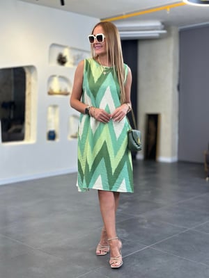 Yeşil Zigzag Desen Kolsuz Çan Elbise