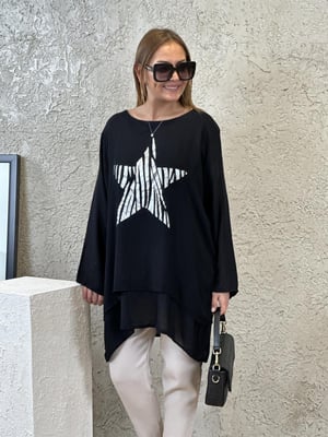 Yıldız Baskılı Oversize Siyah Pamuk Bluz