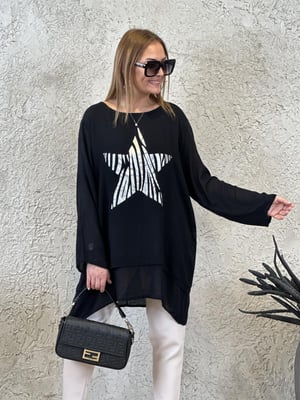 Yıldız Baskılı Oversize Siyah Pamuk Bluz