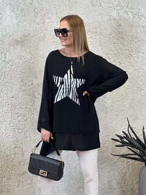 Yıldız Baskılı Oversize Siyah Pamuk Bluz