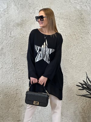 Yıldız Baskılı Oversize Siyah Pamuk Bluz